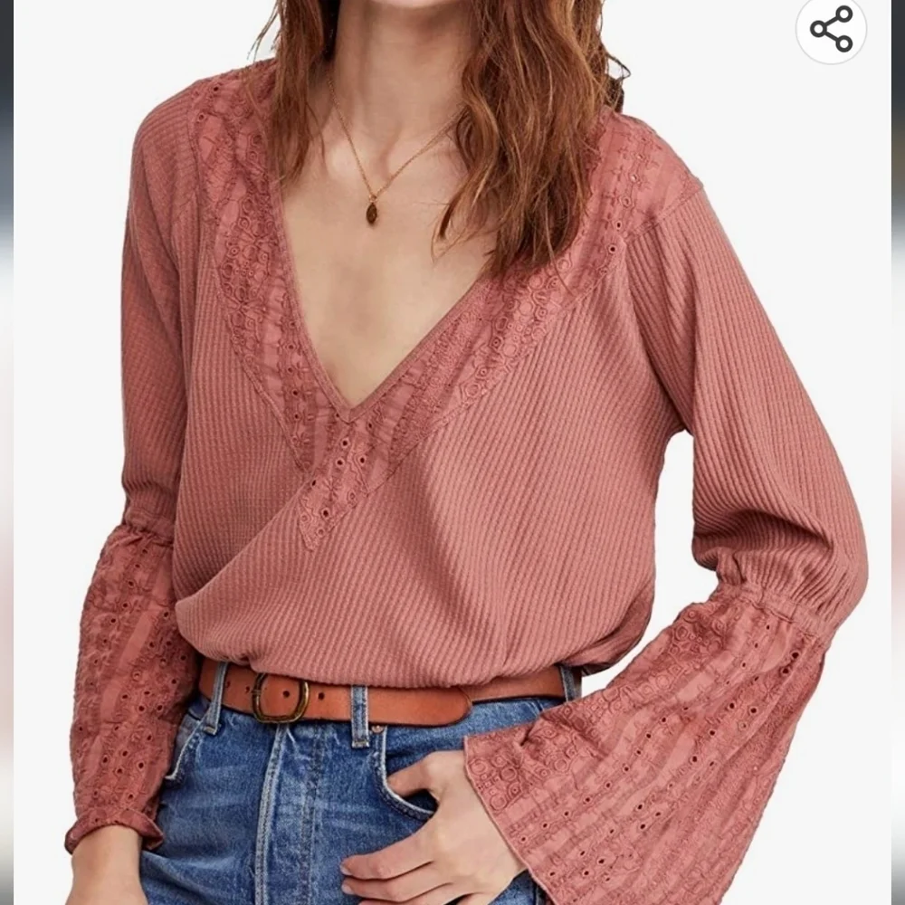 Free People Parisian Nights Dusty rose pink ribbed V Neck Bell Sleeve Blouse